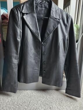 Women's Black Leather Button-Front Jacket